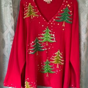 Red Christmas Tree V-Neck Sweater Sequins